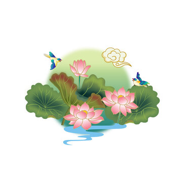國(guó)風(fēng)荷花飛鳥插畫
