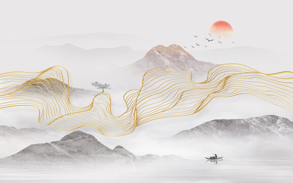 金色線條山水畫