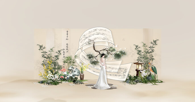 香檳色新中式紗幔造型迎賓效果圖