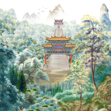 五臺山地標(biāo)建筑手繪