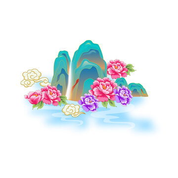 牡丹國潮山水圖案