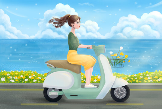 一個(gè)女生騎電動(dòng)車(chē)在海邊兜風(fēng)旅游
