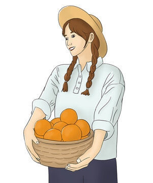 抱著橙子的女孩插畫
