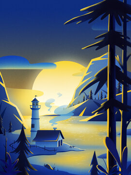 清晨海岸小屋風景