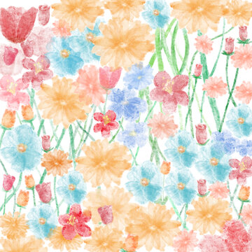 印花莫奈風(fēng)花園菊花郁金香桃花