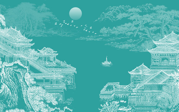 山水樓閣刺繡背景墻