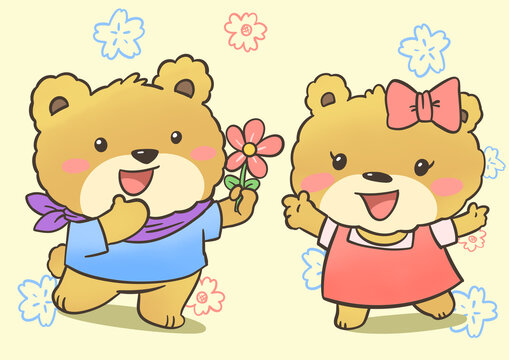 卡通兩只小熊和花朵
