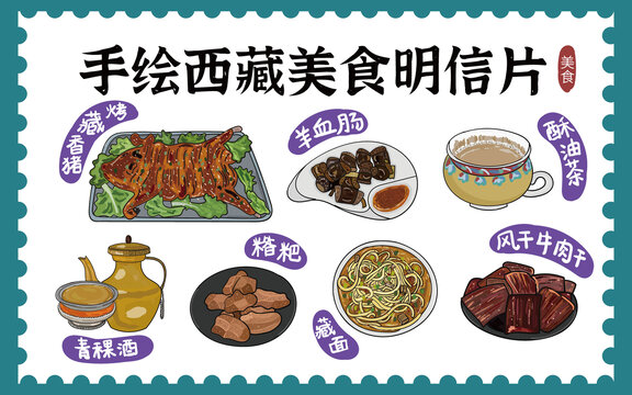 手繪西藏美食明信片