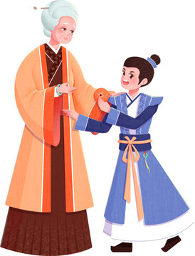 古裝卡通老奶奶和小男孩組合