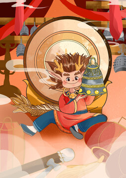 龍生九子神獸蒲牢鐘鼓國潮場景