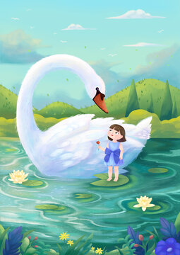 池塘白天鵝轉(zhuǎn)身望向手中小女孩