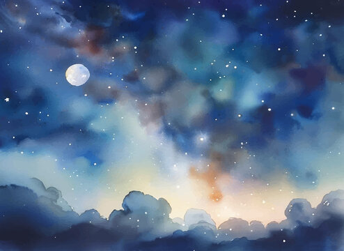 水彩夜空星辰月亮