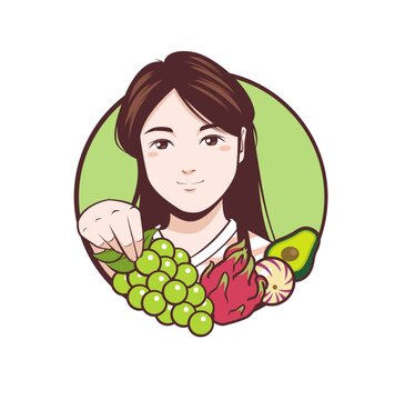 卡通年輕女孩拿水果頭像矢量圖
