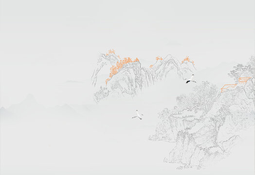 中式國畫山水禪意瑞鶴圖壁畫
