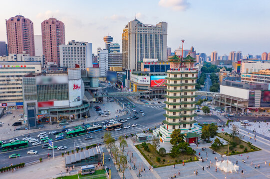 航拍鄭州二七塔城市地標二七廣場