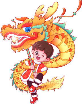 國潮風(fēng)卡通小男孩舞龍免摳元素