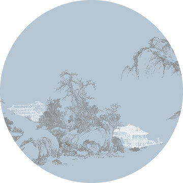 圓形線描山水描金山水圓形圖