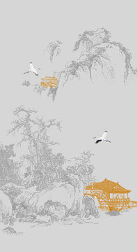 中式線描山水描金山水玄關(guān)掛畫