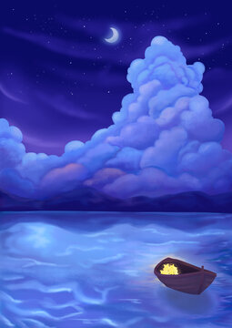 夜空背景小船飄在水面上