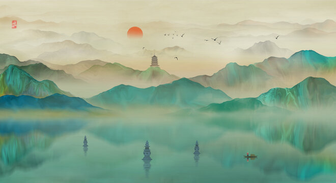 青綠西湖山水畫(huà)