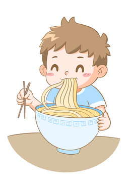 卡通小朋友吃面