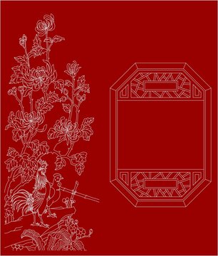 漏窗雄雞菊花圖
