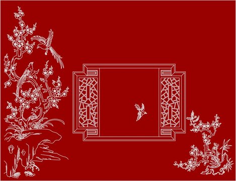 錦雞花窗臘梅圖