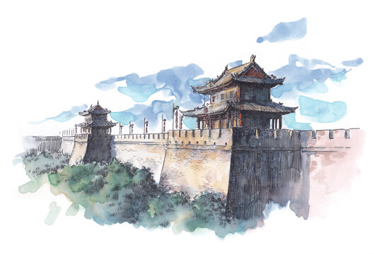 陜西西安古城墻水彩