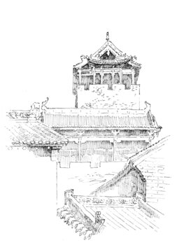 山西晉城皇城相府建筑鋼筆畫