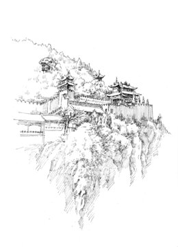山西晉中介休綿山崖邊閣樓鋼筆畫