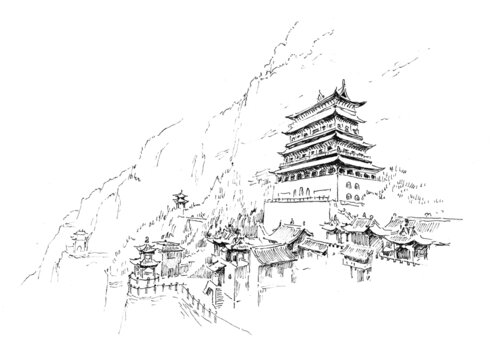 山西晉中介休綿山壯麗景色鋼筆畫
