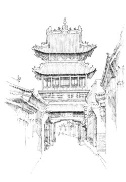 山西平遙市樓鋼筆畫
