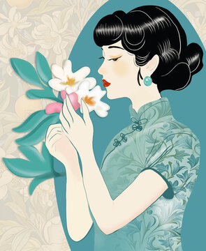 拿著花朵的優(yōu)雅旗袍美人