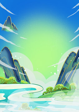 國潮風(fēng)國風(fēng)山水建筑春季風(fēng)景場景