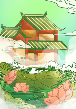國(guó)潮風(fēng)山水建筑夏季荷花荷塘場(chǎng)景