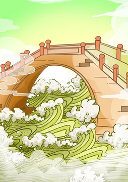 國(guó)潮山水建筑夏季橋梁波浪場(chǎng)景