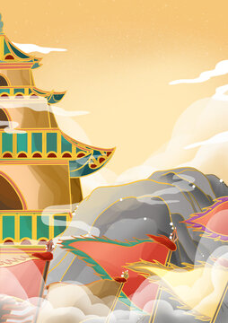 國(guó)潮山水建筑秋季塔旗幟沙場(chǎng)場(chǎng)景