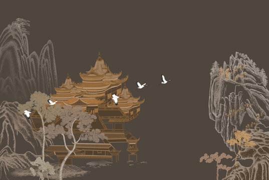 新中式線描山水閣樓