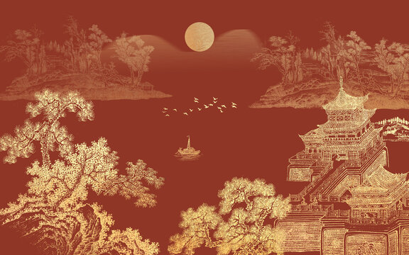 金色山水樓閣背景墻
