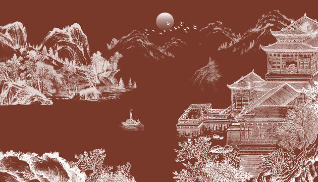 樓閣山水中式背景壁畫(huà)