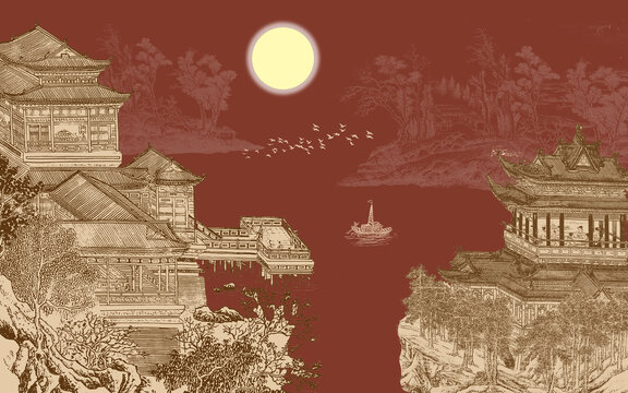 新中式山水樓閣背景墻