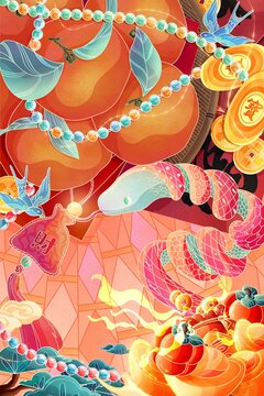 2025蛇年新年春節(jié)中國風(fēng)插畫