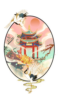 集賢亭仙鶴國潮插畫