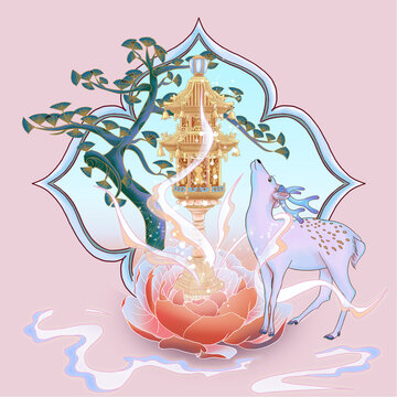 呦呦鹿鳴宮燈牡丹松樹(shù)