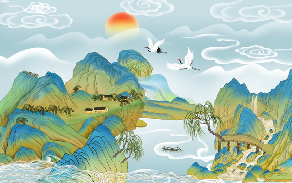 國潮青綠山水