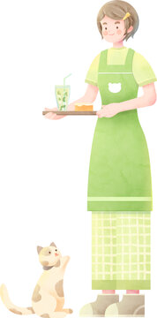 卡通服務(wù)生小女孩和貓咪免摳元素