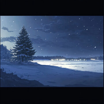 雪夜風(fēng)景無(wú)框畫(huà)