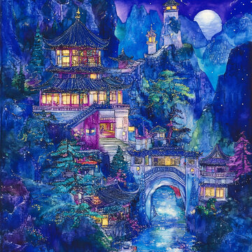 山中夜景水彩畫