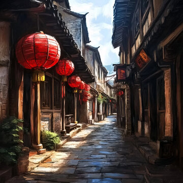 油畫古街巷