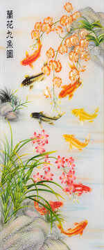 蘭花九魚圖隔斷背景